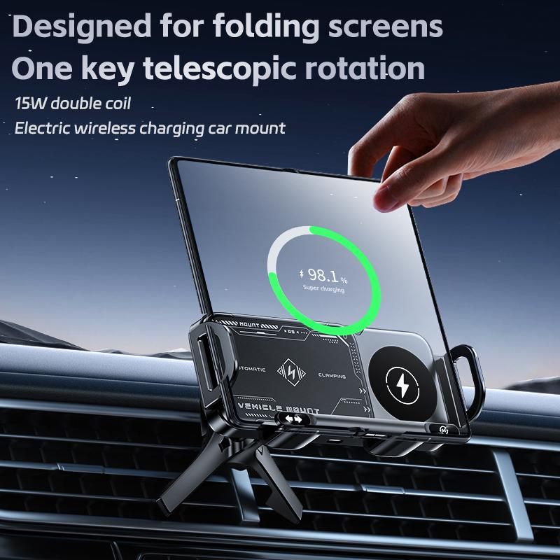 Soporte inalámbrico para teléfono móvil para coche, compatible con pantallas plegables y smartphones universales. Soporte giratorio de 90° con potencia de salida de 15 W. Soporte para teléfono móvil para rejilla de ventilación súper estable con clip de ga
