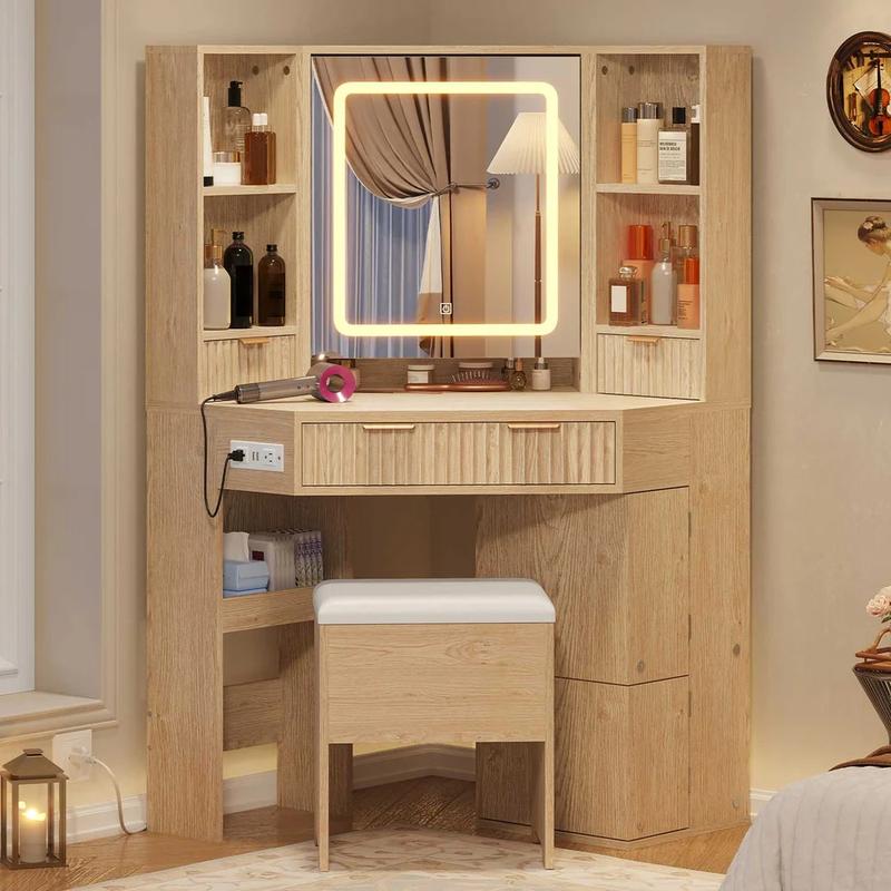 Tocador de esquina SIKAIC, tocador contemporáneo con espejo LED integrado, estación de carga, tocadores de maquillaje con cajones y armarios con espejo compartimentados para dormitorios modernos.