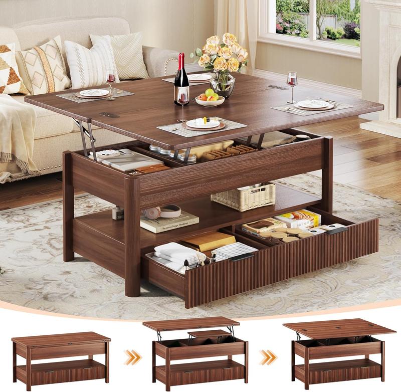 【Summergarden】Mesa de centro elevable de 101 cm (40"), mesa de centro cuadrada 4 en 1 con estante de almacenamiento y 2 cajones, mesas de centro modernas con tablero elevable, se convierte en mesa de comedor para sala de estar, oficina en casa, nogal