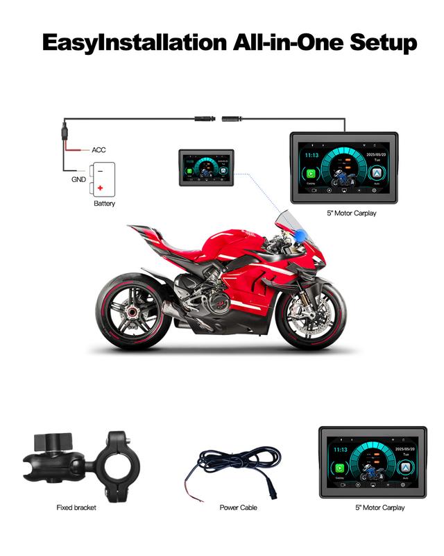Pantalla para cámara de salpicadero de motocicleta con CarPlay, 5 pulgadas, legible a la luz del sol, resistente al agua y portátil, CarPlay inalámbrico y Android Auto, montaje rápido en el manillar, pantalla táctil con cámaras duales delantera y trasera