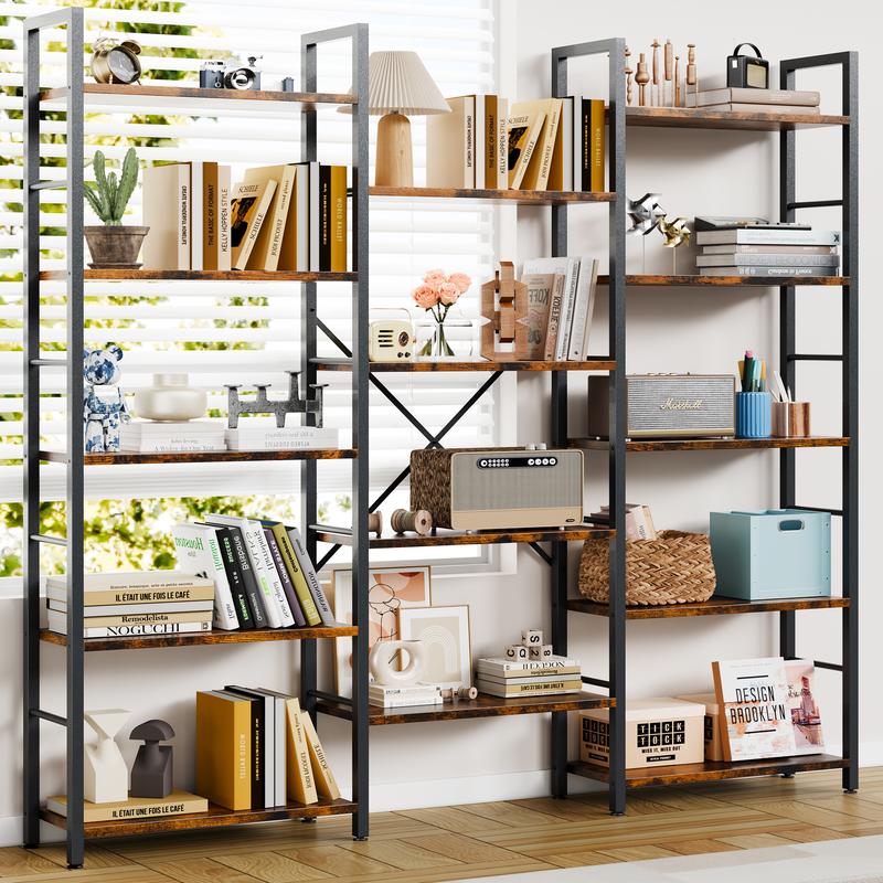 Librería Walsunny de 5 niveles con 14 estantes, estantería abierta con estructura metálica, estantería para oficina en casa, estilo rústico, escalera industrial independiente.