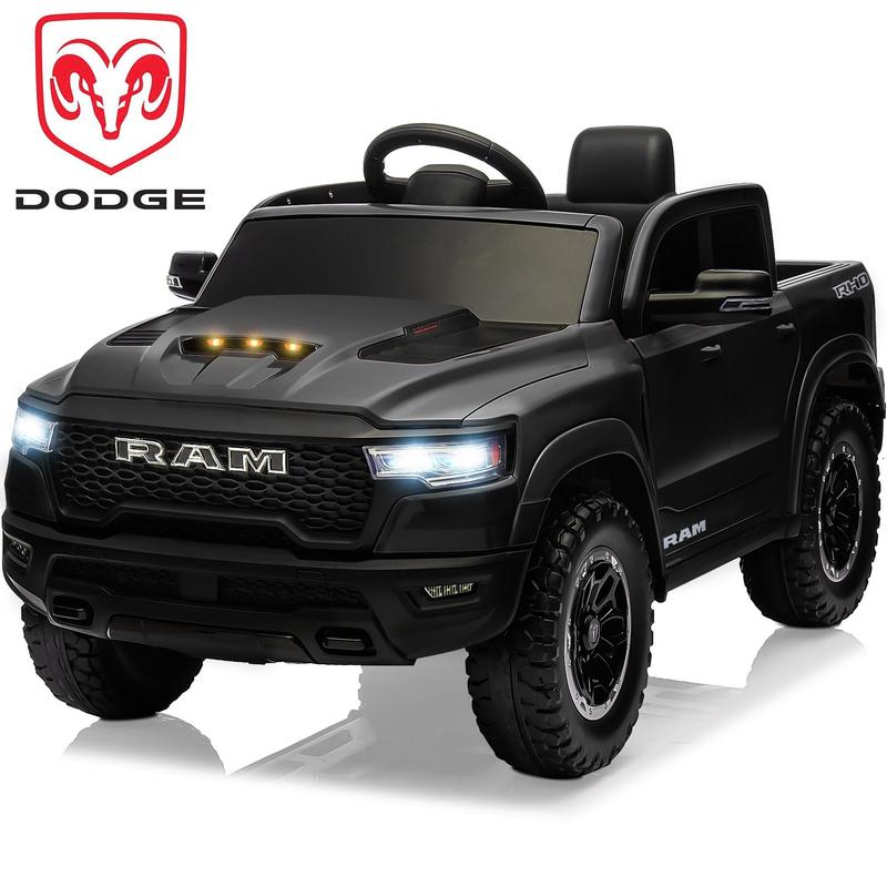 Primer coche eléctrico infantil Dodge RAM 1500 con control remoto, suspensión en las 4 ruedas, cinturón de seguridad de 5 puntos, Bluetooth MP3, luces LED, juguete eléctrico para niños de 3 a 6 años, el mejor regalo de Navidad para niños, Black Friday