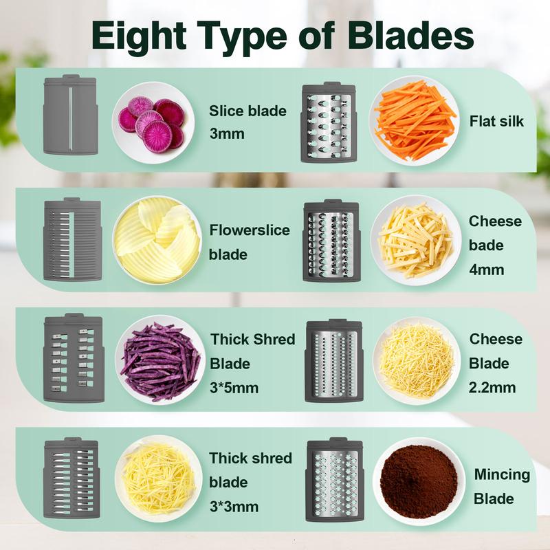 Cortador eléctrico de verduras y picador de alimentos ZQOZQO - Rallador de queso rotativo - Modelo de 6 cuchillas con función de picado o modelo de 8 cuchillas para un corte versátil, herramienta de cocina para una preparación rápida de alimentos.