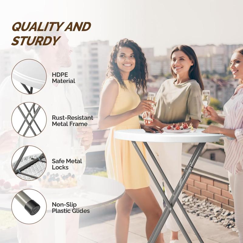 Mesa redonda plegable de plástico VINGLI de 23,5/32" de altura de bar, material HDPE con acabado de metal gris, mesa alta para fiestas al aire libre, cafeterías, restaurantes, patios traseros, comedores, eventos de bodas, 1 unidad.