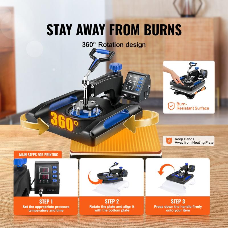 Prensa térmica de 15 x 15 pulgadas, 8 en 1, 800 W, para sublimación, rotación de 360°, función de giro, 8 en 1, para impresión de camisetas, calentamiento de doble tubo para camisetas, gorras y tazas DIY.