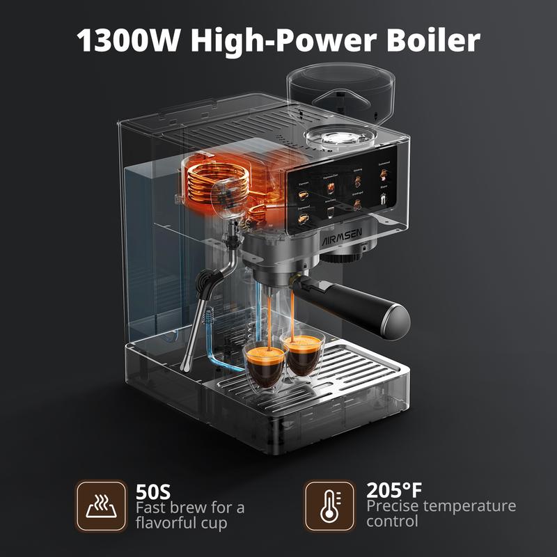 Cafetera espresso AIRMSEN con molinillo de muelas, 20 bares, acero inoxidable para uso doméstico, cafetera profesional con depósito de agua extraíble y espumador de leche BCM2316