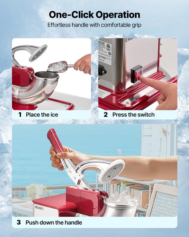 VEVOR Trituradora de hielo comercial 661LBS/H, máquina eléctrica de cono de nieve de 350 W con 4 cuchillas, máquina de hielo raspado de acero inoxidable de 2000 RPM con caja de hielo triturado de 11 gal, para restaurantes familiares, bares, rojo