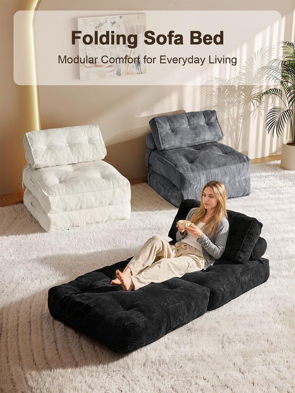 Sofá cama plegable con almohada, sillón convertible con respaldo, sillón cama plegable portátil de pana, cómodo sofá de suelo para sala de estar, individual