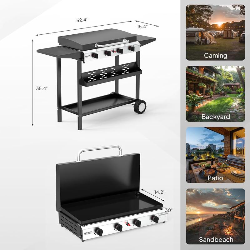 Plancha portátil de propano ROVSUN de 2/4 quemadores con bandeja y tapa esmaltadas, parrilla de gas plana rodante de 20000/40000 BTU con encendido electrónico, estantes laterales y regulador para cocinar al aire libre, acampar, barbacoas y eventos veranie