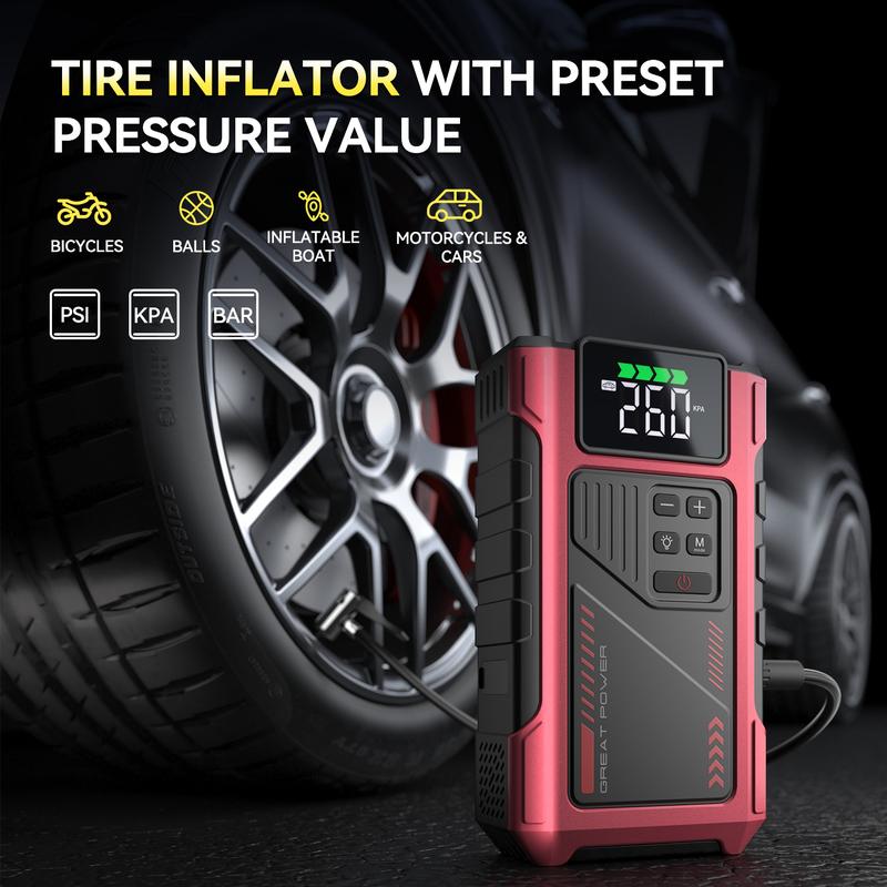 Arrancador portátil de 12000 mAh con compresor de aire, 150 PSI, caja de arranque para baterías de coche de 12 V, motores de gasolina de 10,0 L y diésel de 9,0 L, inalámbrico, pinzas seguras para un uso sencillo.