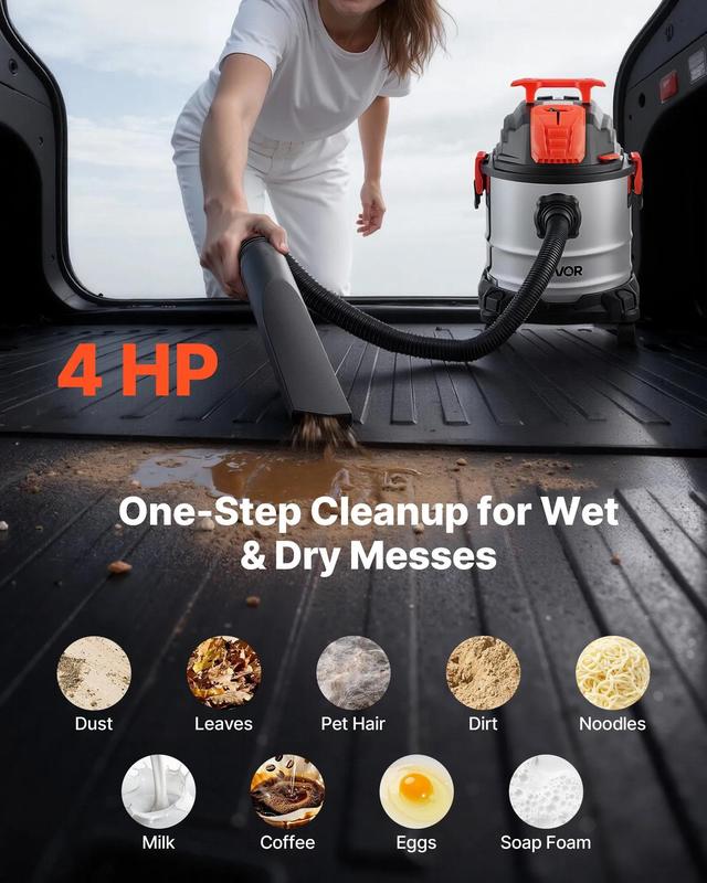 Aspiradora industrial VEVOR, 5.8 galones (21.9 litros) para uso en seco y húmedo, 4 HP de potencia máxima con autolimpieza de un botón, doble filtro, 900 W de potencia de entrada, manguera de 3.17 cm x 2.13 m, cable de 3 m, tanque metálico para obras, tal