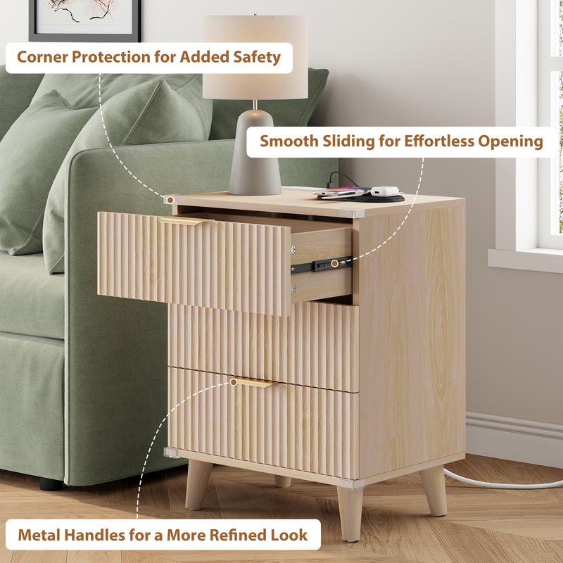 Mesitas de noche Aowos con paneles acanalados para dormitorio, mesita de noche moderna con 3 cajones y estación de carga, mesas auxiliares con paneles acanalados para dormitorio y sala de estar, mesita de noche con puertos USB, mesita de noche con almacen