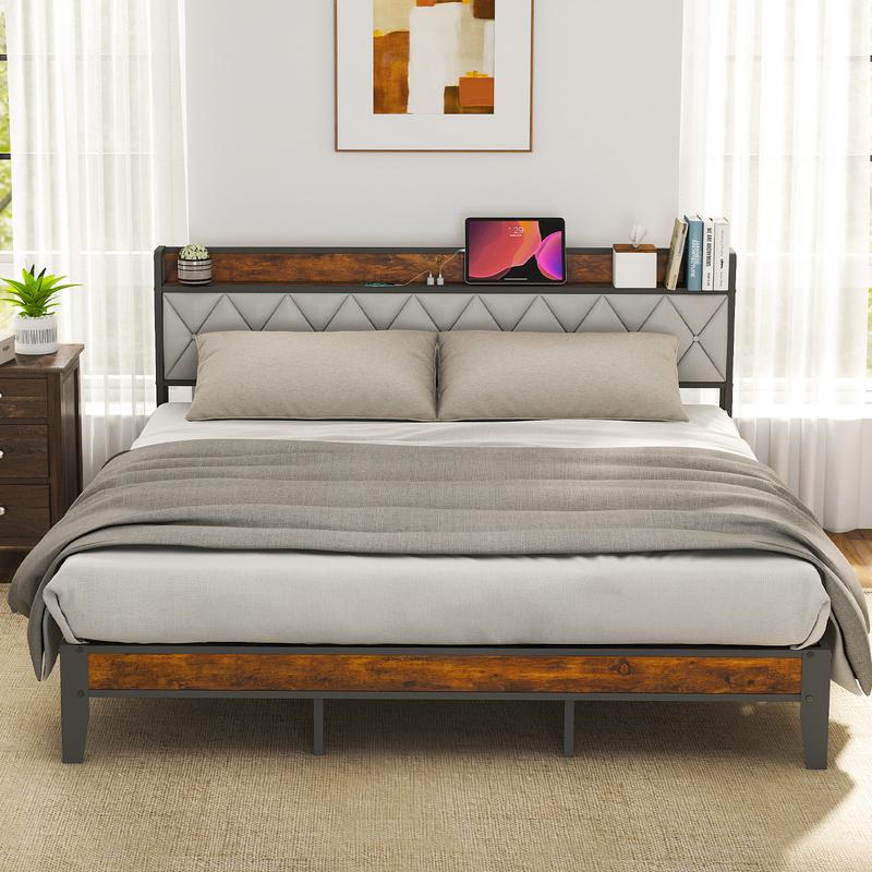 Estructura de cama completa con cabecero, espacio de almacenamiento debajo de la cama, puertos de carga integrados, diseño robusto y silencioso, montaje sin herramientas, no requiere somier.