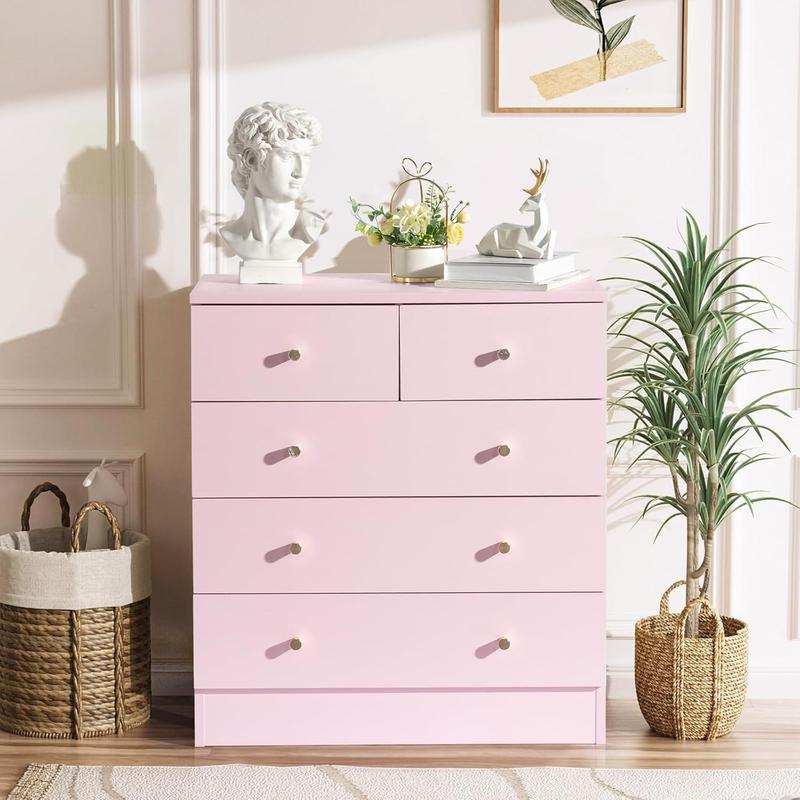 Cómoda rosa de 5 cajones para dormitorio, cómoda moderna de madera, cómodas rosas para dormitorio de niñas, dispositivo antivuelco, tirador de metal oro rosa, sala de estar, recibidor, pasillo, oficina