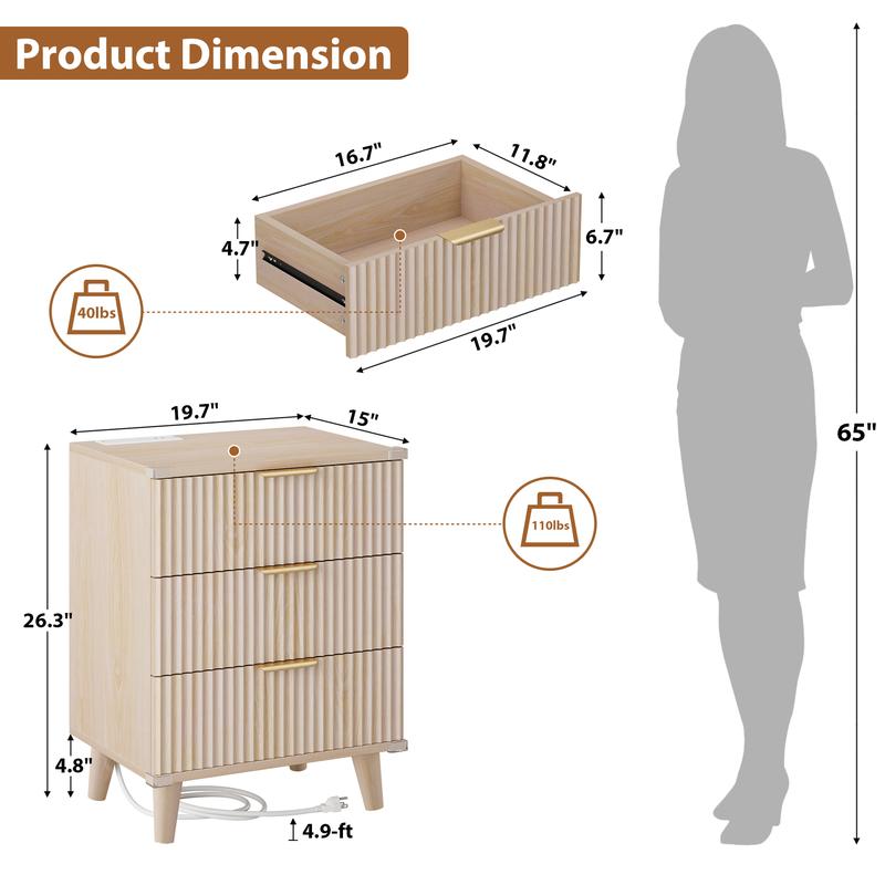 Mesitas de noche Aowos con paneles acanalados para dormitorio, mesita de noche moderna con 3 cajones y estación de carga, mesas auxiliares con paneles acanalados para dormitorio y sala de estar, mesita de noche con puertos USB, mesita de noche con almacen
