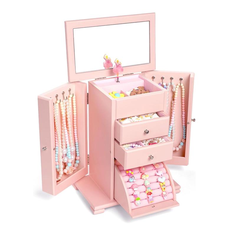 Caja de joyería Emfogo para mujer, cajas y organizadores de joyería de madera rústica con espejo, caja organizadora de joyería de 4 niveles para anillos, pendientes, collares y pulseras.