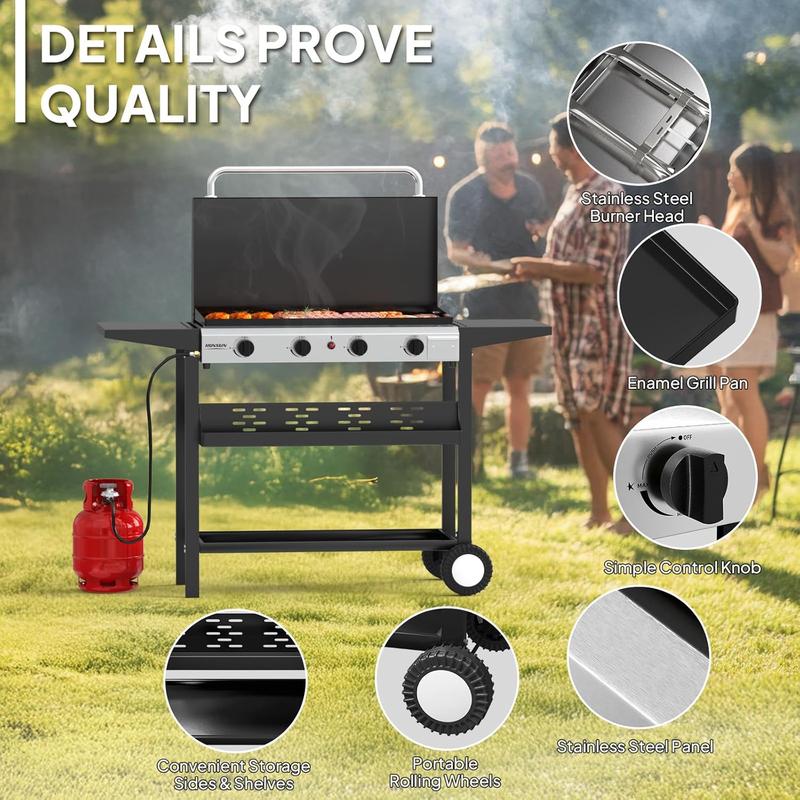 Plancha portátil de propano ROVSUN de 2/4 quemadores con bandeja y tapa esmaltadas, parrilla de gas plana rodante de 20000/40000 BTU con encendido electrónico, estantes laterales y regulador para cocinar al aire libre, acampar, barbacoas y eventos veranie