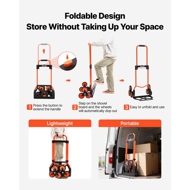【Summerfinds】VEVOR Stair Climbing Dolly - 120 lbs Capacity, Portable Foldable Ergonomic Durability Cart, Telescoping Handle, 6 Large Wheel Carts, 2 Bungee Cords for Home, Groceries, Durability Carts