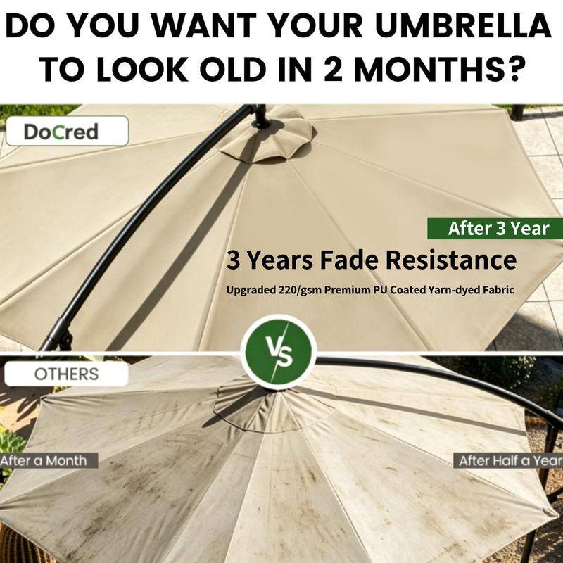 Sombrilla de patio voladiza Docred de alta resistencia con base incluida, sombrilla de exterior de 3 metros con rotación de 360° e inclinación infinita, conjuntos de muebles de patio, toldo teñido en hilo resistente a la decoloración, estructura de acero