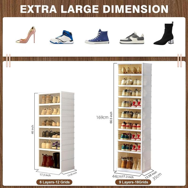 La revolución del zapatero transparente de 9 niveles de NLDD: organizador plegable y expandible para 18 pares, accesorio compacto para armario con cajas transparentes y ruedas. Organizador de zapatos de plástico Springtok con luz para armario.
