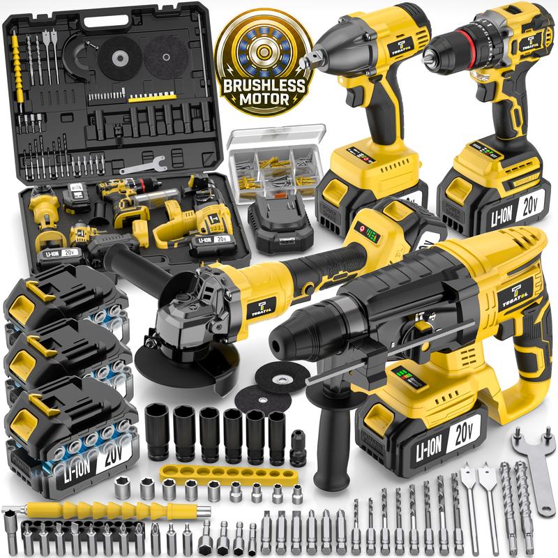 Kit de herramientas eléctricas inalámbricas sin escobillas 4 en 1 de alta resistencia: taladro inalámbrico, martillo perforador eléctrico, amoladora angular, llave de impacto combinada con 3 baterías de 4.0 Ah para usuarios de construcción y bricolaje.