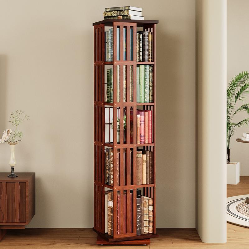 Estantería giratoria de 360° con cajones IRONCK de 60" y 5 niveles de madera de bambú, estantes ergonómicos ajustables, estante de almacenamiento giratorio para sala de estar y dormitorio.