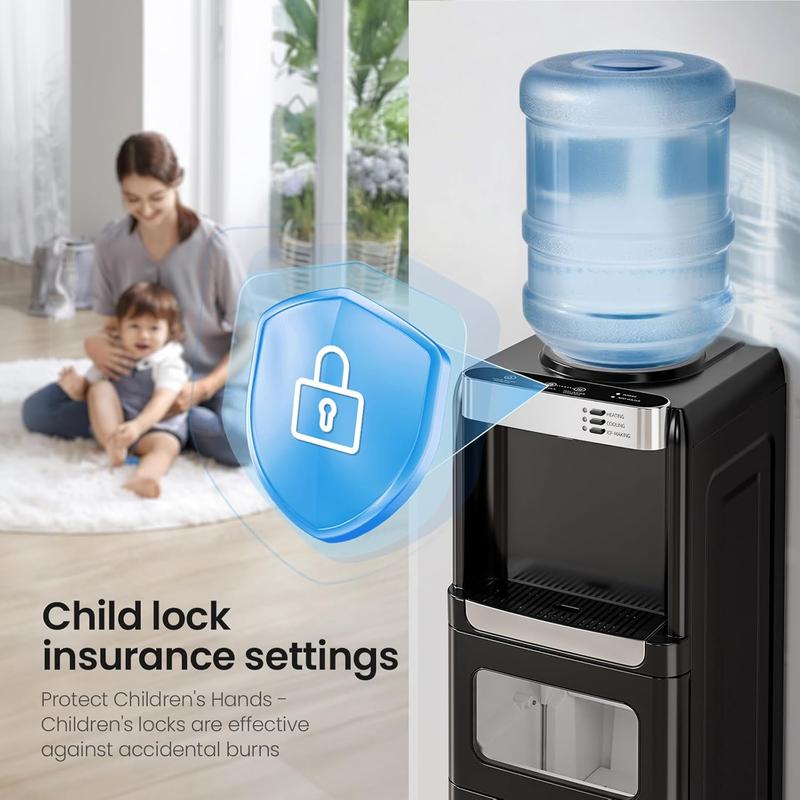 Dispensador de agua Kismile [Regreso a clases] con máquina de hielo - Producción diaria de hielo de 15 kg, bloqueo para niños, agua caliente, diseño de bajo consumo, compatible con botellas de 7,5/12,8/19 litros para uso doméstico/personas mayores - Negro