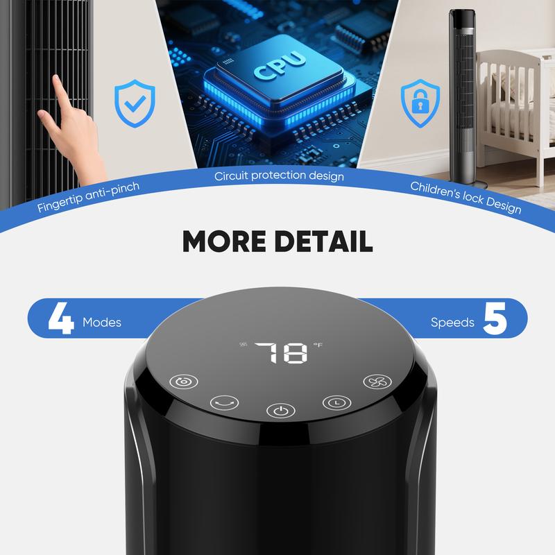 【Nuevo】Ventilador de torre para dormitorio, silencioso, de 28 dB, con temporizador de 12 horas, modo automático inteligente, oscilante de 64°, sin aspas, para el hogar y la oficina.