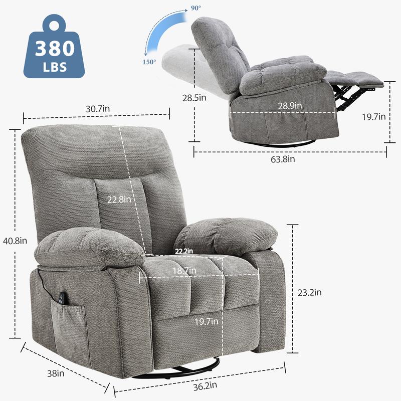 Sillón reclinable mecedor, sillón giratorio con masaje vibratorio y calefacción lumbar, sillón reclinable de tela chenilla giratorio de 270° con reposapiés para sala de estar y dormitorio.