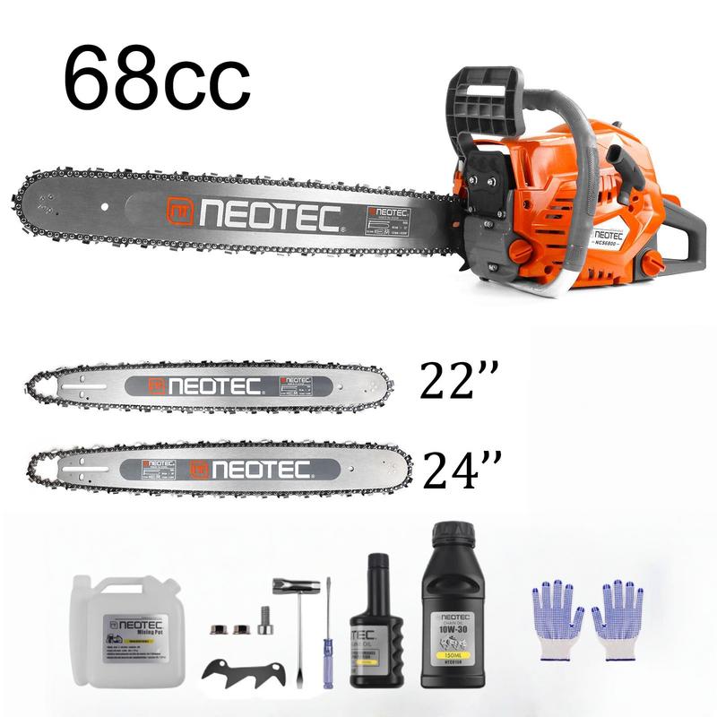 Motosierra de gasolina NEOTEC de 58 cc/62 cc/68 cc, de 2 tiempos, portátil, para tala de árboles, silvicultura y limpieza de patios tras tormentas. Incluye guantes y accesorios.