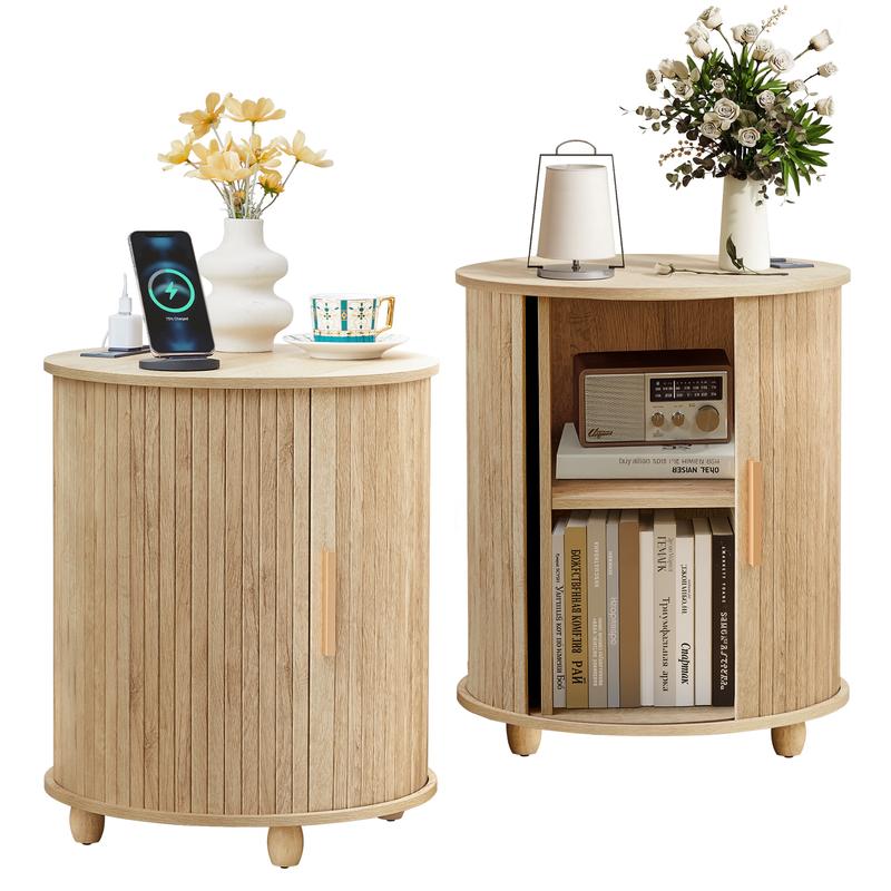 Mesita auxiliar redonda estriada Giratree con estación de carga, mesa auxiliar pequeña de estilo rústico con puerta corredera y almacenamiento, mesitas de noche estriadas de madera de mediados de siglo para sala de estar y dormitorio.