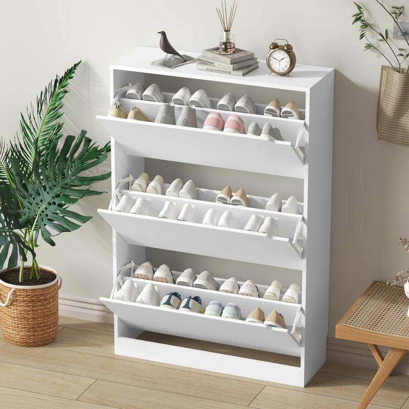 Zapatero ajustable con acabado natural y almacenamiento oculto, zapatero con 3 cajones abatibles, zapatero estrecho, organizador independiente para muebles multifuncionales de tamaño reducido