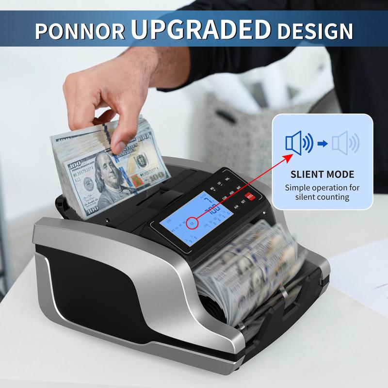 Contadora de billetes PONNOR | Detección de billetes falsos UV/MG/IR/MT/DD | Pantalla LCD, caja de monedas, modos CONTAR/SUMA/LOTE/AUTO | Funcionamiento silencioso, 1200 billetes/min