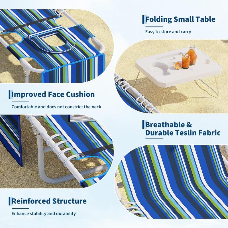 Tumbona de exterior 3 en 1 con orificio para la cara, mesa auxiliar plegable y almohada extraíble, 5 posiciones de reclinación ajustables, banco resistente para patio, piscina, jardín y playa, carga máxima de 150 kg.