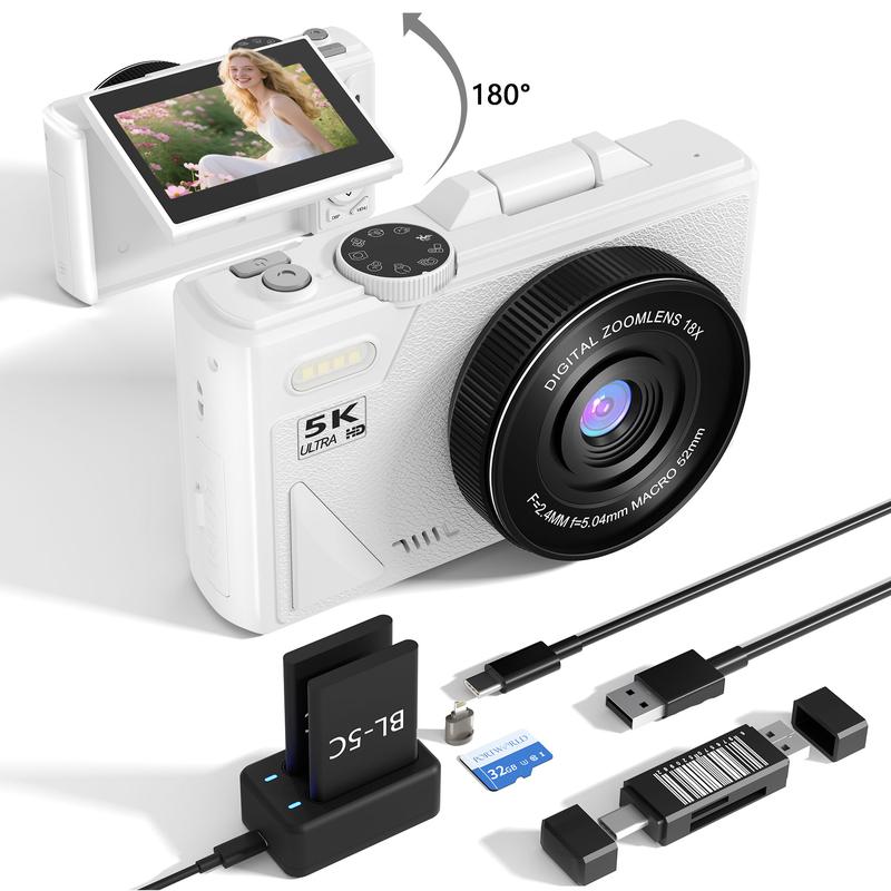 Cámara digital 5K 2026, cámara retro portátil, cámara digital de 180° con pantalla abatible, cámara para vlogging con zoom digital 18X, cámaras para fotografía, cámara de viaje compacta para adolescentes, regalos de verano