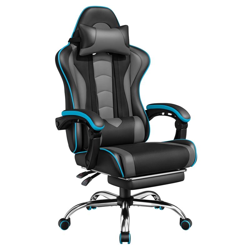 Silla ergonómica para videojuegos con soporte lumbar con masaje, reposapiés y reposacabezas retráctiles – Silla de oficina reclinable de cuero sintético, silla de escritorio giratoria con ruedas para jugadores altos.