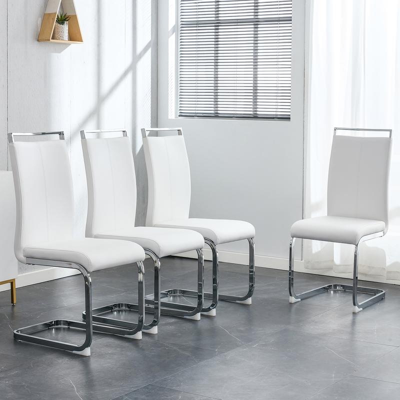 Sillas de comedor modernas, silla lateral tapizada de respaldo alto en piel sintética PU con patas de metal cromado en forma de C para comedor, cocina, tocador, patio, club, silla de oficina para invitados (juego de 4) (blanco + piel sintética PU) Sillón