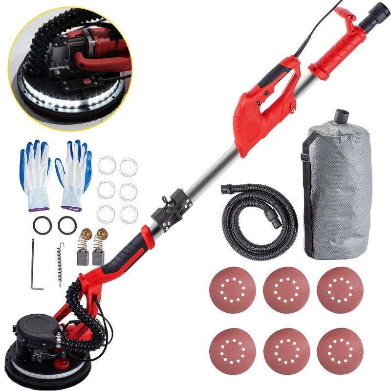 Lijadora de paneles de yeso VEVOR - Pulidora de hardware de alta potencia de 850 W con selector de velocidad de 6 niveles, diseño plegable, mango telescópico, tira de luz LED, bolsa de vacío y guantes, herramienta eléctrica de alta resistencia.
