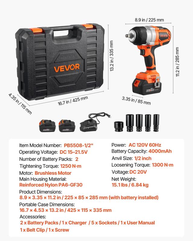Llave de impacto inalámbrica VEVOR, 958.8 ft-lbs / 1300 N·m de alto torque, 1/2 pulgada, 20 V, con motor sin escobillas, 2 baterías de 4 Ah, cargador, 5 vasos y clip para cinturón, para neumáticos de coche y camión, regalos del día del padre.