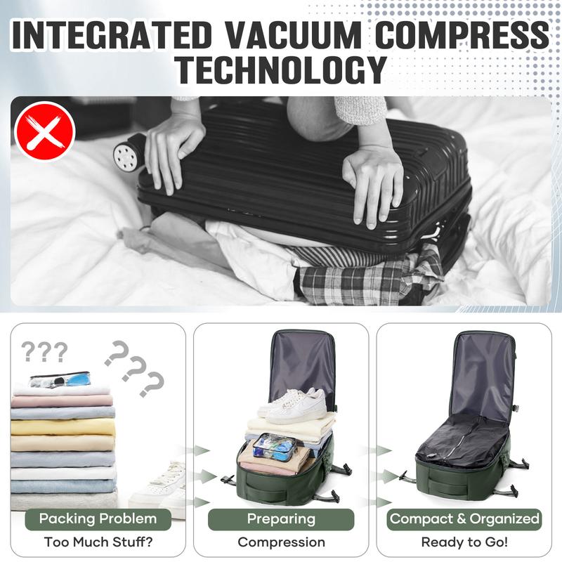 Mochila de viaje con cierre hermético al vacío, diseño unisex, tamaño homologado como equipaje de mano para viajes en avión, mochila portátil con bomba y sistema de vacío, color negro/verde/gris-marrón.