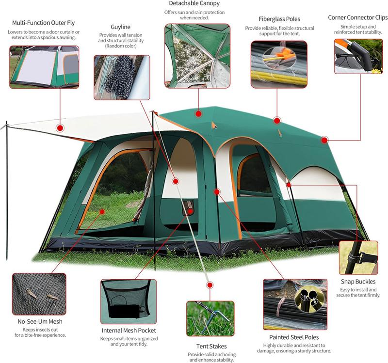 【Artículos esenciales para acampar】Tienda de campaña familiar extragrande 2026 para 10-12 personas, impermeable, de montaje instantáneo, de poliéster Oxford, ligera, con ventanas de malla y doble puerta. Accesorios para acampar al aire libre, senderismo,