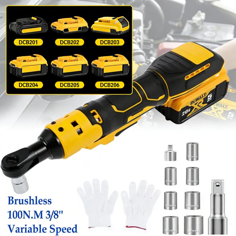 Llave de carraca eléctrica inalámbrica sin escobillas de 3/8" para batería de iones de litio Dewalt de 20 V, herramienta de alta potencia con luz LED y 9 ​​vasos, color amarillo.