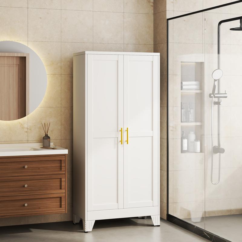 Armario despensa metálico con 2 puertas y estantes ajustables, GEITIN, armario de almacenamiento de cocina de 61" con tiradores dorados, versátil para cocina, baño, comedor y lavadero.