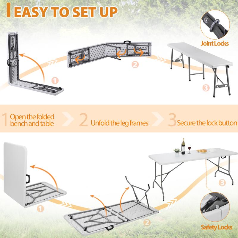 Segawe Juego de mesa plegable portátil de plástico HDPE preensamblada de 1,8 m con 2 bancos ligeros para exteriores de 1,8 m, opciones ligeras y multifuncionales para acampar, picnic, mesas portátiles ligeras, summerwins