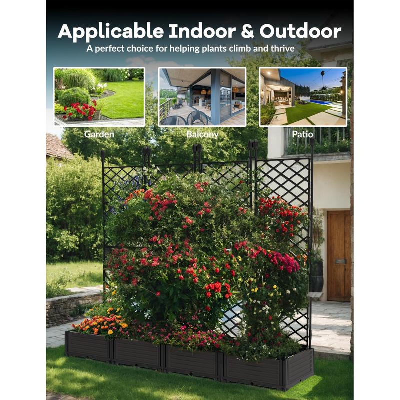 Juego de 7 macetas elevadas con enrejado, 116" de ancho x 63" de alto, de plástico, para jardín vertical exterior con plantas trepadoras, con pantalla de privacidad integrada, resistentes y ligeras para patio, balcón y jardín.
