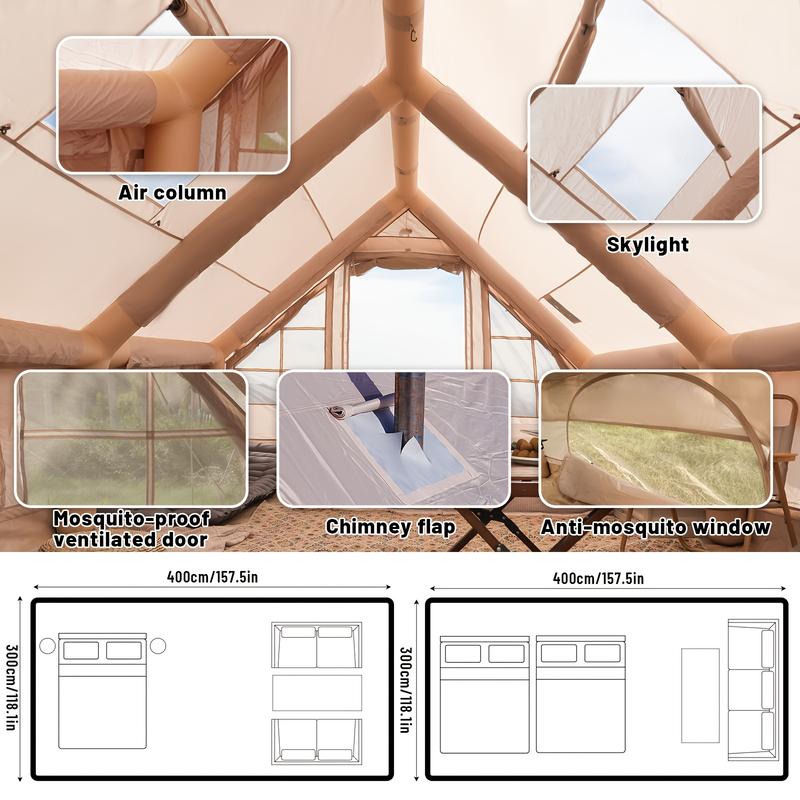 Tienda de campaña inflable grande PAKICETUS con claraboya, ventilación rápida y diseño de malla transpirable, ideal para glamping de verano, con estufa incluida, montaje rápido para familias de 4 a 6 personas, para todas las estaciones, artículos esencial