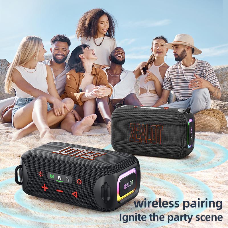 【 ZEALOT 】 Altavoz Bluetooth, altavoz portátil para interiores y exteriores, 50 W (60 W de pico), resistente al agua IPX6, emparejamiento inalámbrico dual, ecualizador, USB/TF/entrada de línea/BT5.3, altavoz de viaje con sonido nítido, sistema de luz ambi