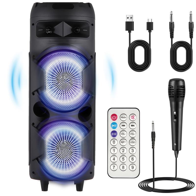 Altavoz inalámbrico doble de 8 pulgadas, sistema de altavoces portátil para fiestas, estéreo Bluetooth, woofer de 2x8", TWS, recargable, radio FM, control remoto, micrófono, iluminación LED y USB.