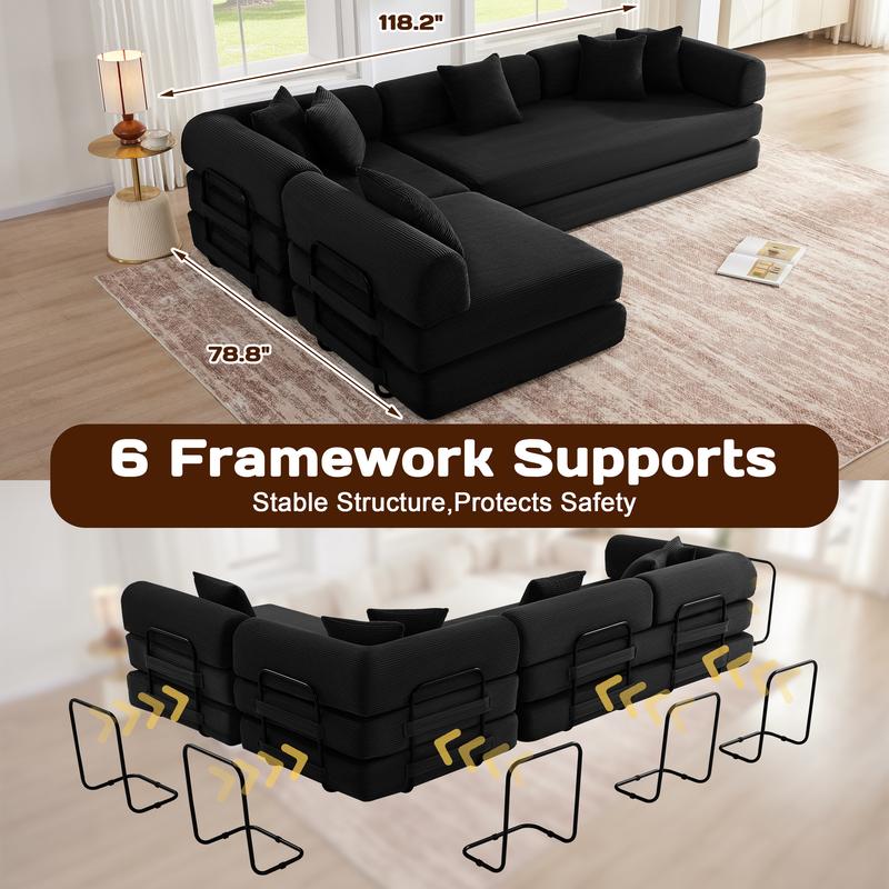 【1/2 Paquetes】Sofá cama convertible de 79-118" con 4 almohadas, sofá futón de pana 5 en 1 para espacios pequeños, sofá modular de suelo con estructura de forma fija, para cama de invitados y área de juegos para niños con funda lavable, sofá de peluche par