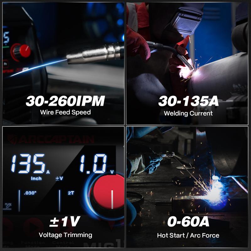 Soldadora MIG ARCCAPTAIN 135A, modelo 2025 [Pantalla LED grande], 110V, MIG con núcleo fundente, TIG con elevación, electrodo revestido, máquina de soldar 3 en 1, soldadora MIG sin gas de 110V, soldadora inversora IGBT con Synergy, 2T/4T